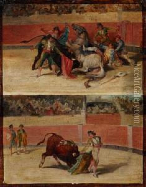 Segunda Corrida Golondrinas. Cinco Rejornazos Del Caballero La Guardia Y Anda Con Muerte Del Caballo Y Herido El Caballero Pero Levemente En La Pantorrilla Oil Painting - Alejandromiguel Y Galvez