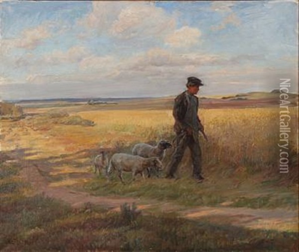 Heath Landscape With A Shepherd Oil Painting - Knud Erik Larsen