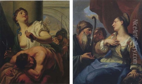 Sansone E Dalila (+ Labano, Giacobbe E Rachele; 2 Works In Collab. W/gregorio Lazzarini) Oil Painting - Girolamo Brusaferro