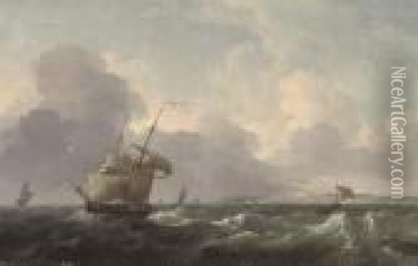 A Dutch Merchant Brig Shortening Sail Off The Coast Ahead Of The Approaching Squall Oil Painting - Ludolf Backhuysen