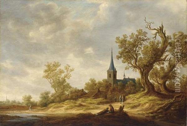 A Dune Landscape With A Village And A Church, And Figures Near A Stream In The Foreground Oil Painting - Jan de (Johannes IV) Vos