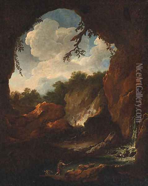 A Neatherd Leading His Flock In A Rocky Landscape Oil Painting - Salvator Rosa