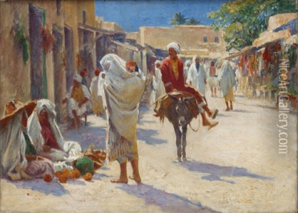 Marche Dans Une Rue A Kairouan Oil Painting - Alexis Auguste Delahogue