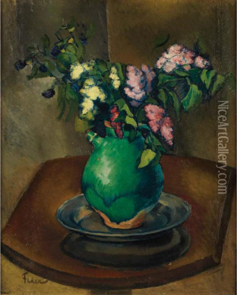Still Life Of Lilacs In A Green Jug Oil Painting - Adolphe Feder