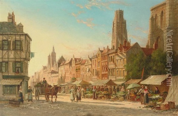 Rouen. Strasenansicht Mit Markttreiben An Einem Sommertag Oil Painting - William Raymond Dommersen