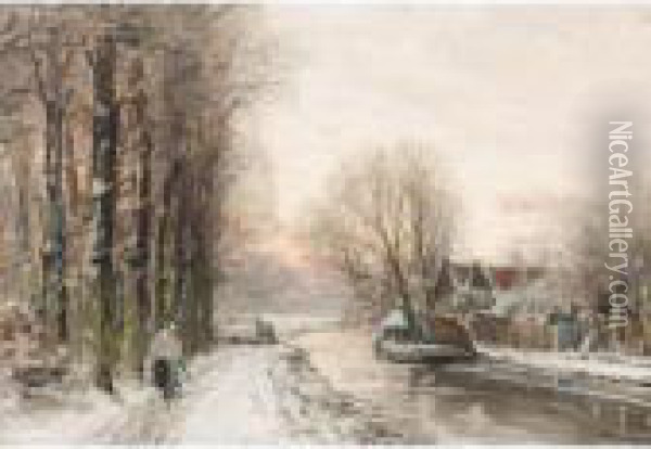 A Winter Landscape With A Figure Near A Stream Oil Painting - Louis Apol