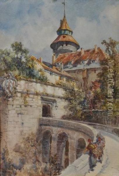 Figures On A Bridge Beneath A Castle Oil Painting - F Greenhalgh