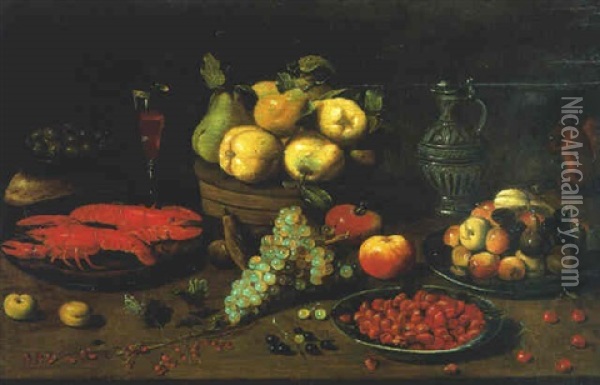 Lobsters On A Plate, Fruit On A Box And On Plates, A Wineglass And A Squirrel On A Table Oil Painting - Jacob Fopsen van Es