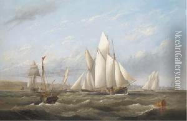 Vying For The Start - A Melee Of
 Big Cutters In Osborne Bay, With The Royal Yacht Alberta Heading For 
The Pier Below Osborne House Oil Painting - Arthur Wellington Fowles