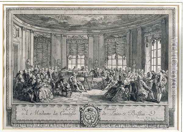 The Concert at the house of the Countess of Saint Brisson, engraved by L. Provost Oil Painting - Augustin de Saint-Aubin