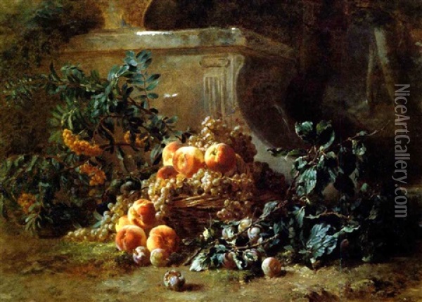 Basket Of Peaches, Plums, And Flowers In A Garden Oil Painting - Emile Gustave Couder