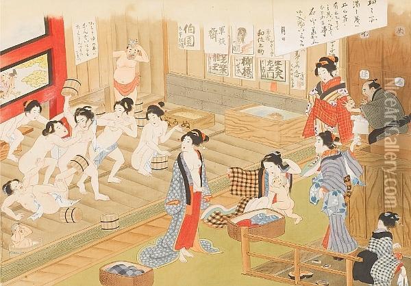 Theinterior Of A Bath-house With Women And Children Washingthemselves Oil Painting - Utagawa Yoshiiku