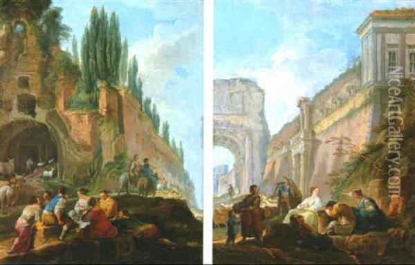 Le Repos Des Bergers Pres Des Ruines D'un Palais Et Pres De Ruines Antiques Oil Painting - Jean Baptiste Lallemand