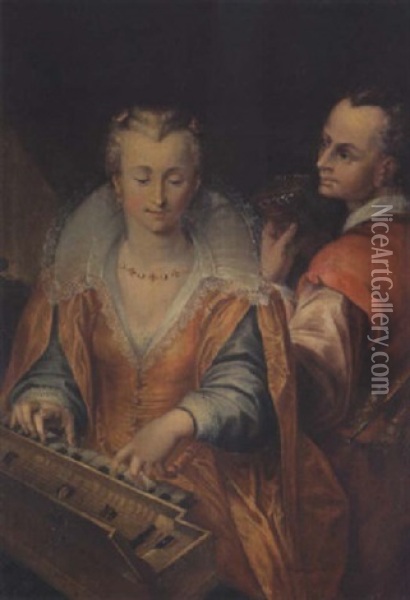 Fine Sense Of Hearing - Interior With A Woman And Man Playing Music Oil Painting - Hendrik Goltzius