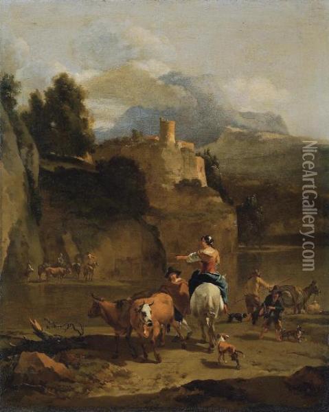 A Mountainous River Landscape With A Herd Of Cattle In The Foreground, A Tower Beyond Oil Painting - Nicolaes Berchem