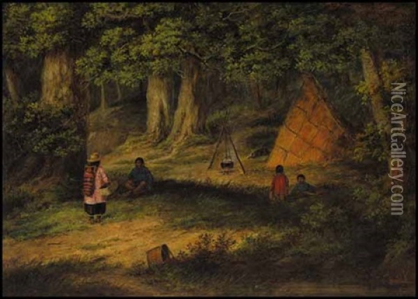 Indian Family Cooking At Camp Oil Painting - Cornelius David Krieghoff