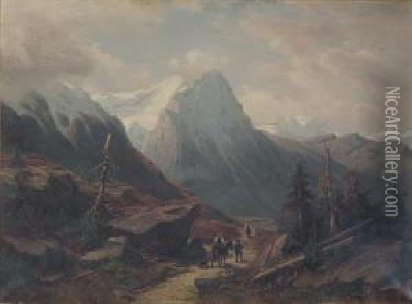 Travellers In An Alpine Landscape Oil Painting - Johann Wilhelm Lindlar