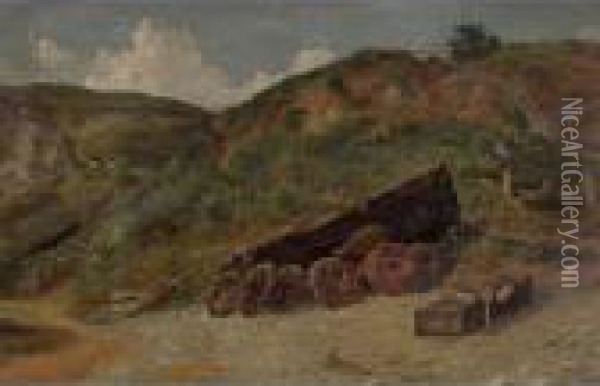 Study Of Boat And Lobster Pots, West Lulworth Oil Painting - Jasper Francis Cropsey