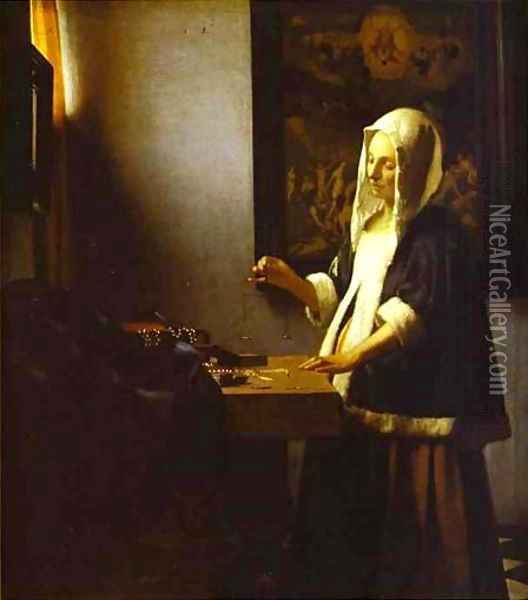 Woman Weighing Pearls 1662-1664 Oil Painting - Jan Vermeer Van Delft