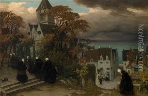 Breton Women On Their Way To Mass Oil Painting - Viktor Ivanovich Zarubin