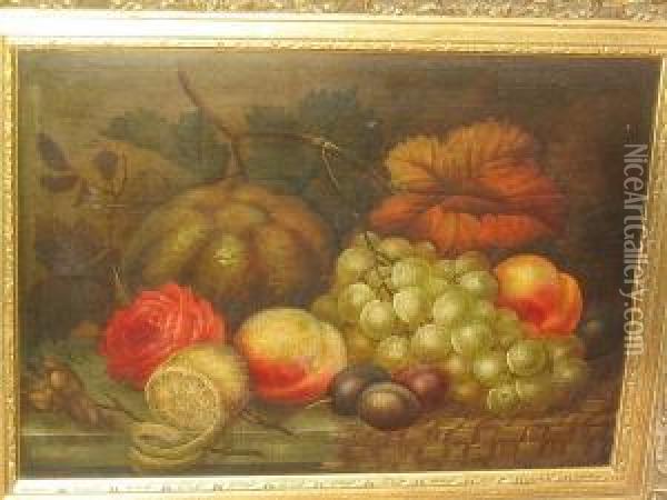 Still Life Of Grapes, Peaches, Plums, Lemon And Various Flowers And Foliage On A Ledge Oil Painting - Edwin Steele