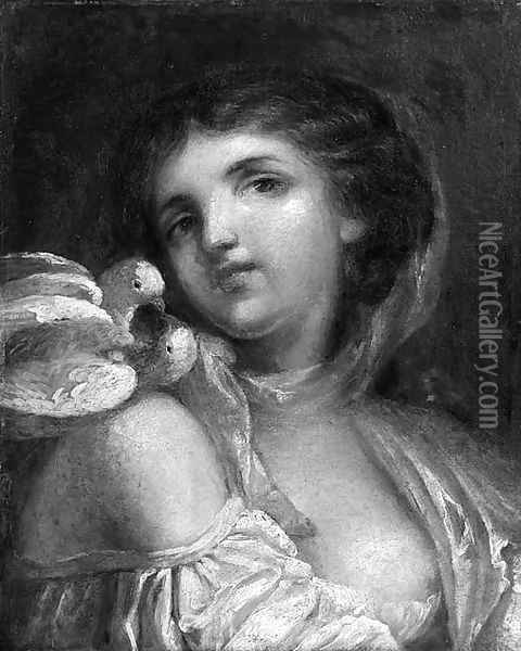 A Young Girl, Small Bust-Length, With Pigeons Perched On Her Right Shoulder Oil Painting - Jean Baptiste Greuze