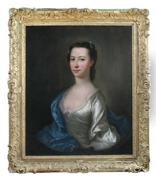 Portrait Of A Lady With Pearls In Her Hair And A Blue Cloak Oil Painting - Joseph Highmore