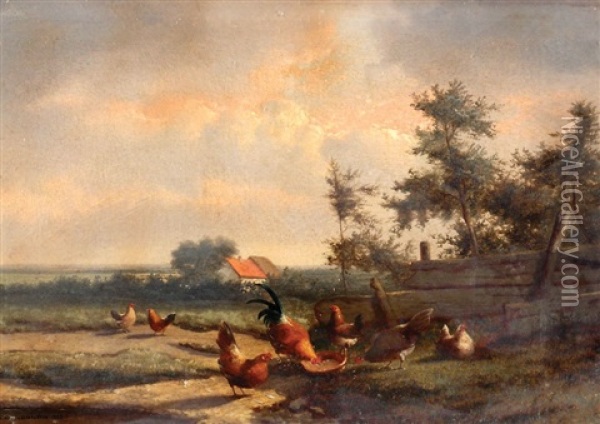 Hens In The Yard Oil Painting - Cornelis van Leemputten