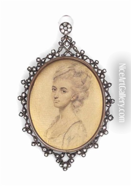 A Preparatory Sketch Of Mrs Drake Of Bedford Square, In Decollete Pale Blue Dress, Wearing A Chain With A Pendant, Her Upswept Curled Hair Dressed With A White Plume And Cap Oil Painting - John Smart IV