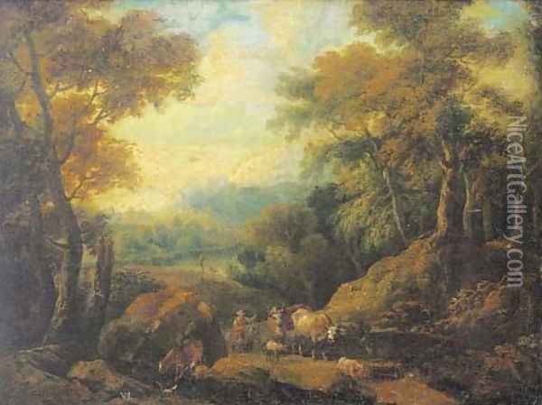 A wooded lakeside landscape with a drover and his herd Oil Painting - Jan Baptist Huysmans