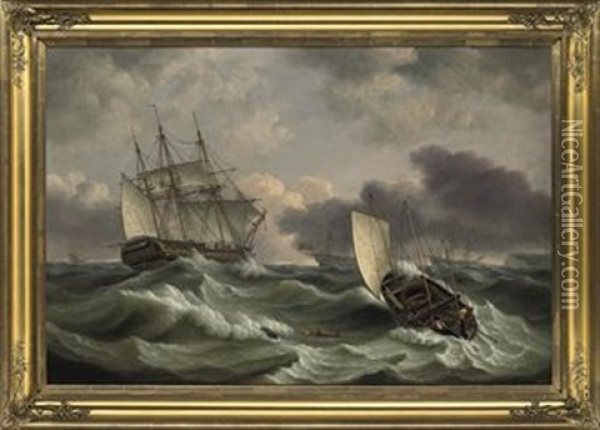 Two Royal Naval Third Rates Anchored And Sheltering In Torbay, With A Merchantman Running Past Them Down The Channel Oil Painting - Thomas Luny