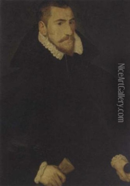 Portrait Of A Gentleman In A Black Cape And A Ruff, Holding A Scroll And Dagger Oil Painting - George Gower