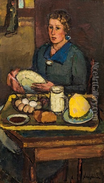 Sitting Woman With Kitchen Still Life (ida) Oil Painting - Anton Faistauer