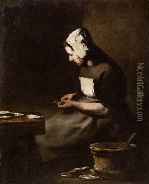 L'ecaillere (woman Shucking Oysters) Oil Painting - Theodule Ribot