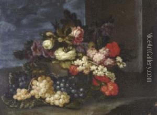 Composition With Flowers And Grapes Oil Painting - Francesca Vicenzina