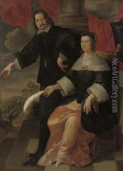 A Double Portrait Of A Gentleman
 And A Lady, Full-length, The Former Standing, The Latter Seated Oil Painting - Bartholomeus Van Der Helst