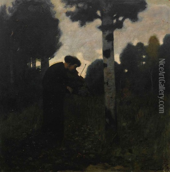 Geige Spielender Monch In Abendlicher Landschaft Oil Painting - Adolf Hengeler