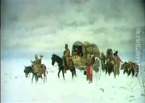 Russiche Zirkusfamilie Mit Pferdewagen Im Schnee Oil Painting - Edouard Castres