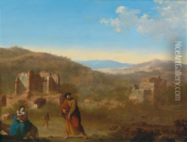 An Italianate Landscape With The Holy Family On The Flight Into Egypt Oil Painting - Cornelis Van Poelenburgh