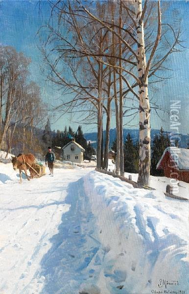 Winter Landscape, Odnes-valdres Oil Painting - Peder Mork Monsted