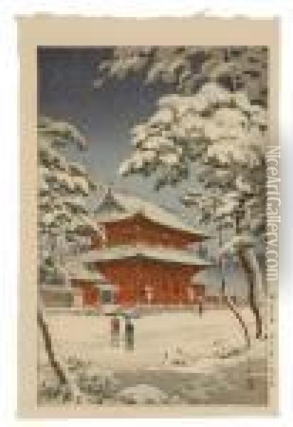 Red Temple In Snow Oil Painting - Tsuchiya Koitsu