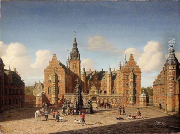 Fredriksborg Slott: Den Kongelige Falke Jagt (frederiksborg Castle: Departure Of The Royal Falcon Hunt) Oil Painting - Heinrich Hansen