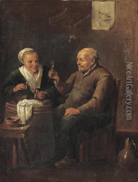 Peasants Drinking In An Interior Oil Painting - David The Younger Teniers