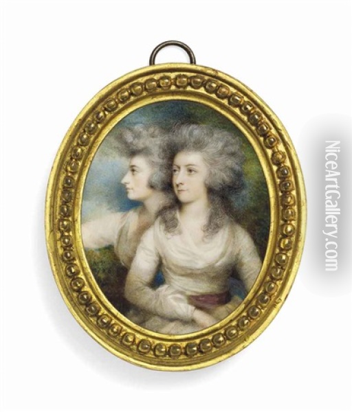 Two Young Ladies, Called Elizabeth Osborn, Nee Bannister (1747-1773), In A Landscape, In White Dresses, One With Pink Sash, One With Blue Sash Oil Painting - Andrew Plimer