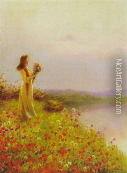 Woman In A Field Of Poppies Oil Painting - Serkis Diranian