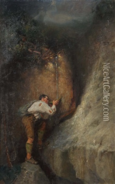 An Der Quelle, Ein Junger Jager Trinkt Aus Seinem Hut An Der Quelle, Auf Felsenterrain Oil Painting - Oscar (Oskar) Graef