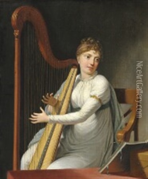 Young Woman Playing The Harp Oil Painting - Christoffer Wilhelm Eckersberg