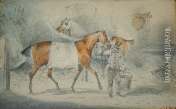 Groom With Two Horses In A Stable Oil Painting - Samuel Jun Alken