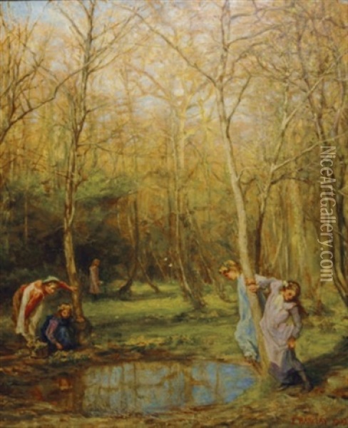 Kingcups - Girls In A Forest In Springtime Oil Painting - Edgar Barclay