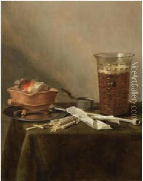 Still Life With A Brazier, A Glass Of Beer And A Clay Pipe Oil Painting - Pieter Claesz.